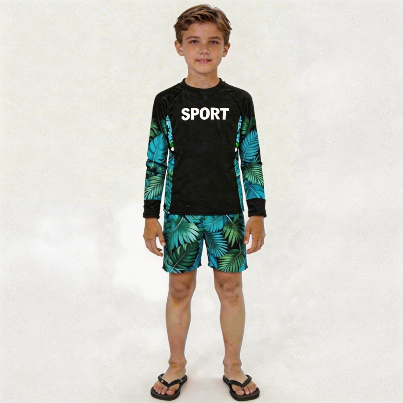 RTX Kids Tropical Leaf Set Rash Guard - Nero/Verde